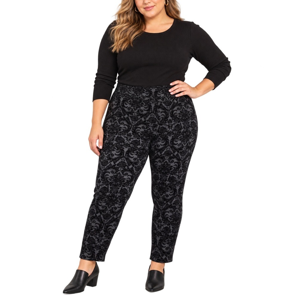 Roz & Ali Womens 2X Black Flocked Velvet Damask Pants Stretch Gothic Holiday NWT